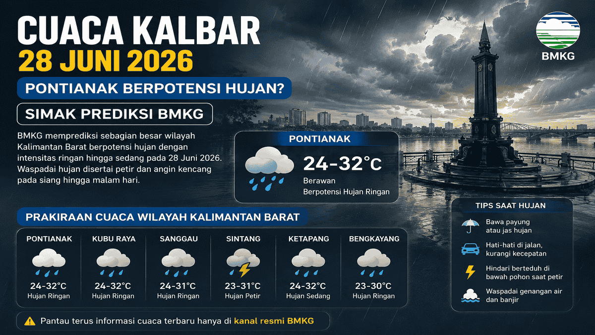 Cuaca Kalbar 28 Juni 2026: Langit Pontianak Diprediksi Tak Sepenuhnya Bersahabat, Ini Penjelasan BMKG
