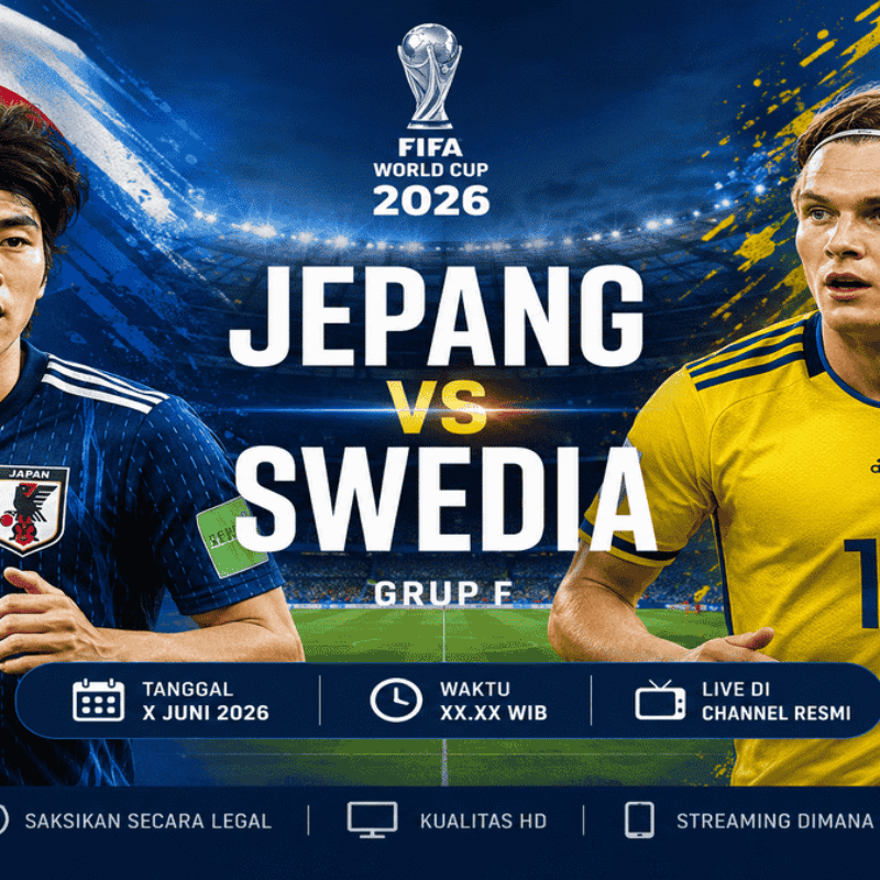 Link Nonton Jepang vs Swedia gratis dan legal. Simak prediksi skor, analisis pertandingan, pemain kunci, penentuan Grup F Piala Dunia 2026.