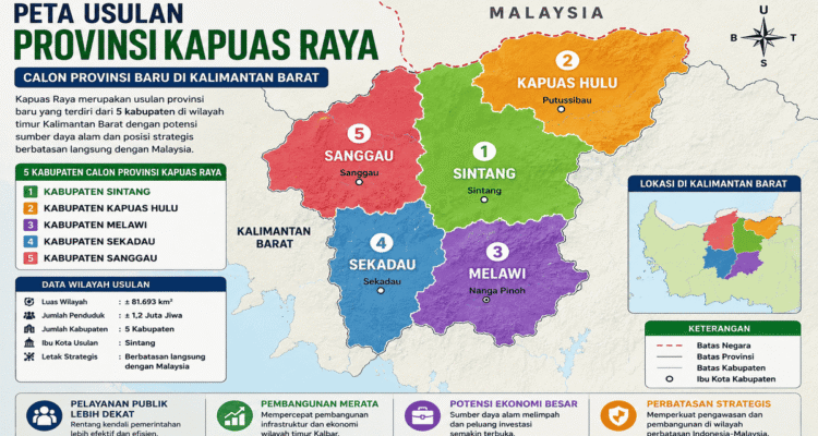 Ilustrasi peta calon Provinsi Kapuas Raya yang mencakup Sintang, Sanggau, Sekadau, Melawi dan Kapuas Hulu.