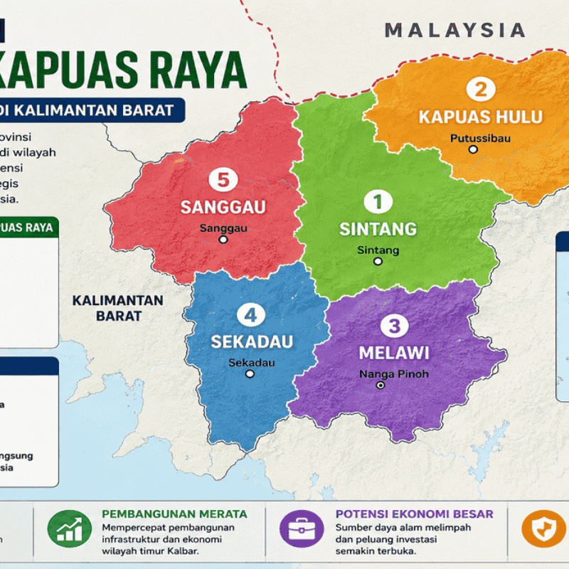 Ilustrasi peta calon Provinsi Kapuas Raya yang mencakup Sintang, Sanggau, Sekadau, Melawi dan Kapuas Hulu.