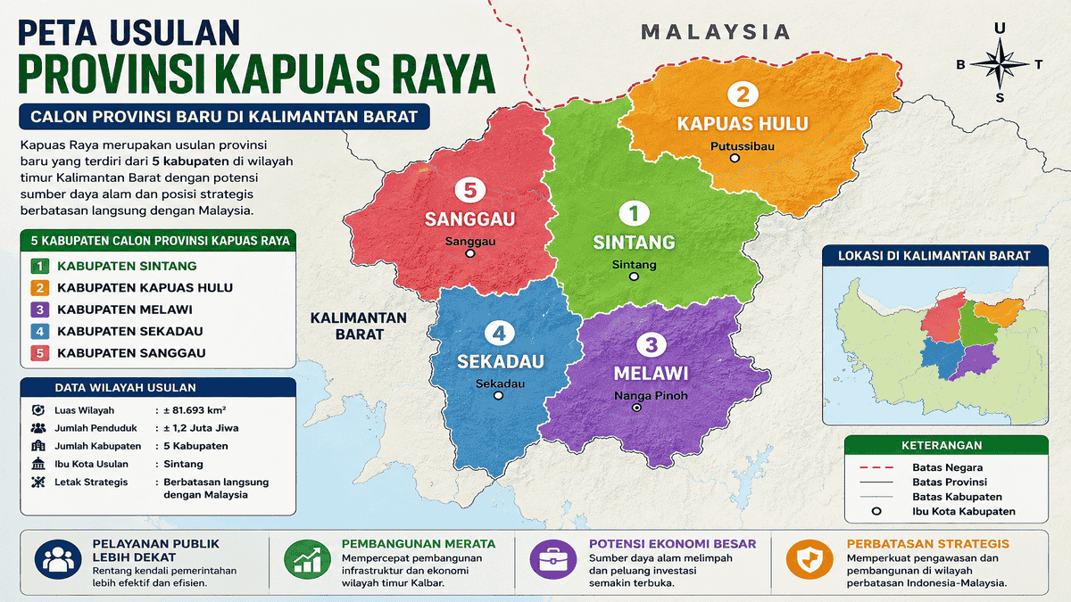 Ilustrasi peta calon Provinsi Kapuas Raya yang mencakup Sintang, Sanggau, Sekadau, Melawi dan Kapuas Hulu.