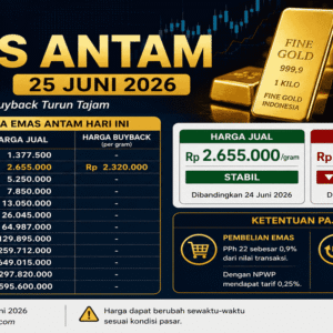 Harga emas Antam hari ini 25 Juni 2026 stabil di Rp2,655 juta per gram sementara harga buyback turun tajam.