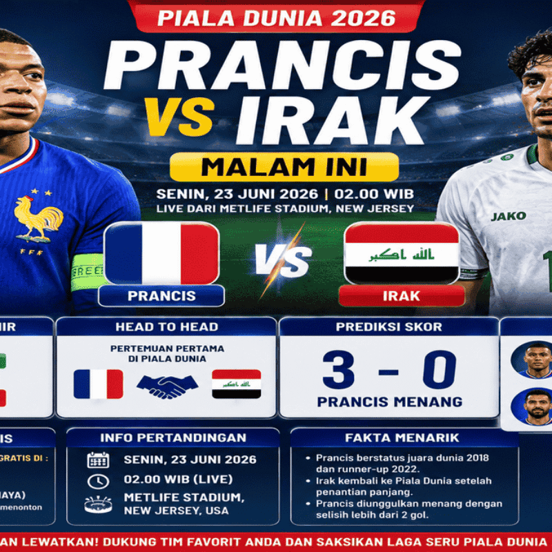 Poster pertandingan Prancis vs Irak Piala Dunia 2026 lengkap dengan prediksi skor, jadwal kick off, pemain kunci dan informasi link nonton malam ini.