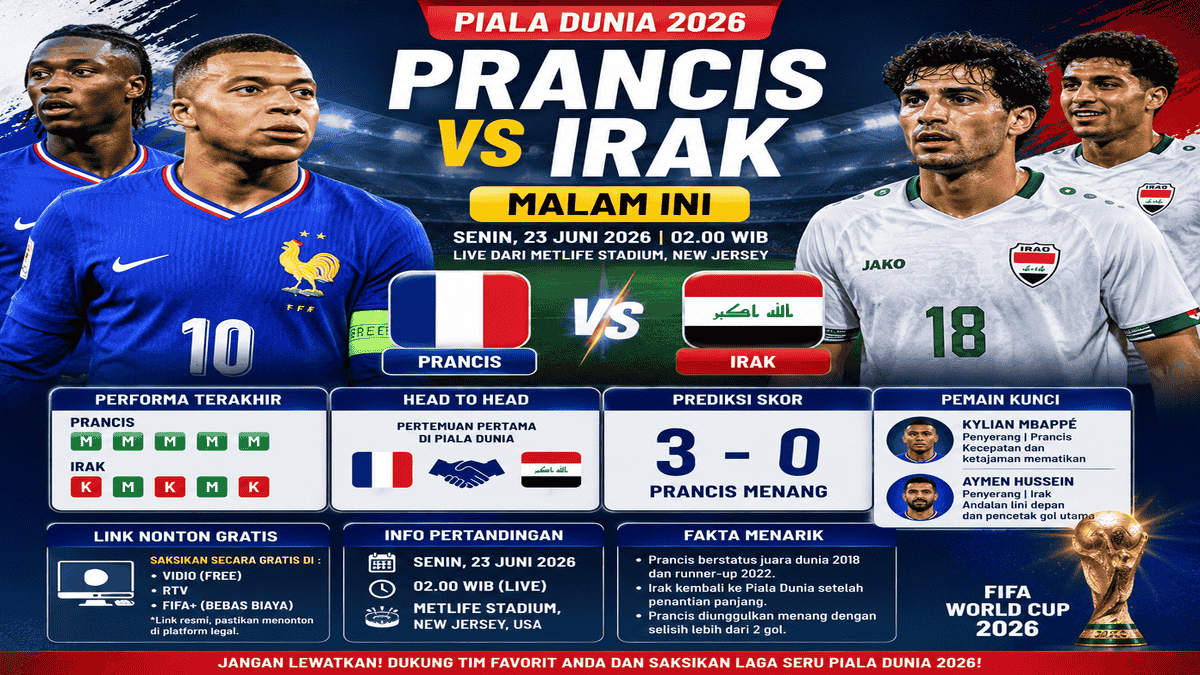 prancis-vs-irak-malam-ini-prediksi-skor-link-nonton-piala-dunia-2026.webp Poster pertandingan Prancis vs Irak Piala Dunia 2026 lengkap dengan prediksi skor, jadwal kick off, pemain kunci dan informasi link nonton malam ini.