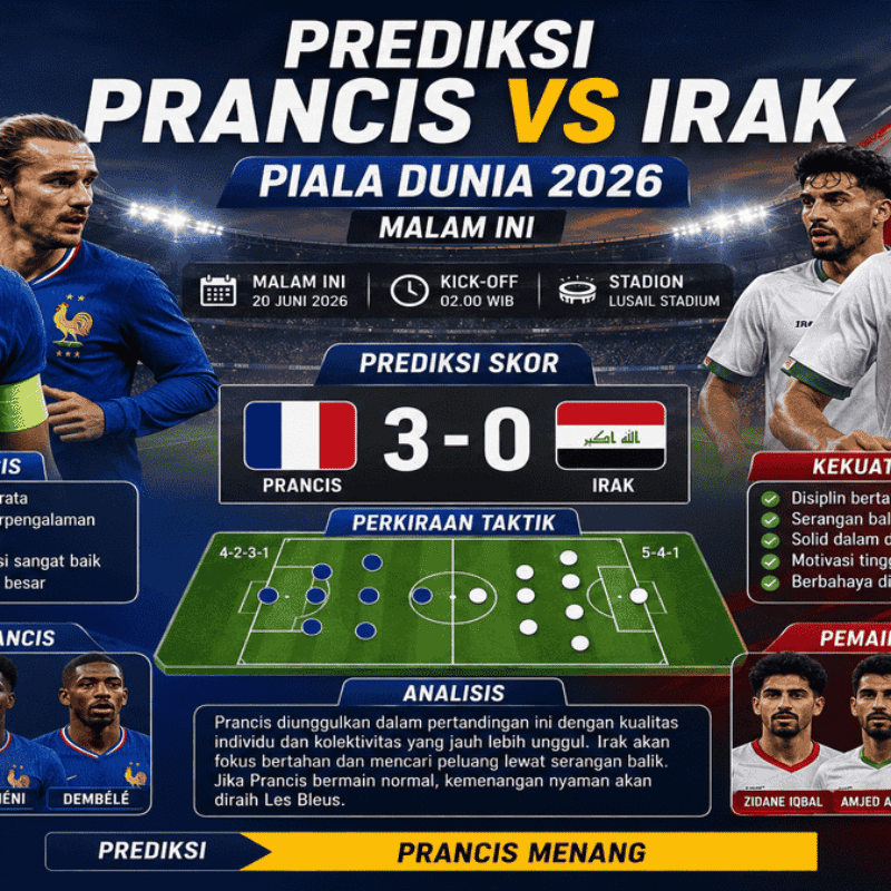 Infografis prediksi pertandingan Prancis vs Irak Piala Dunia 2026 dengan analisis taktik, pemain kunci, dan skor akhir