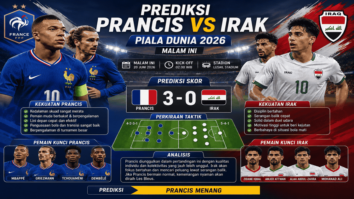 Prediksi Prancis vs Irak Piala Dunia 2026 – Analisis Lengkap Infografis prediksi pertandingan Prancis vs Irak Piala Dunia 2026 dengan analisis taktik, pemain kunci, dan skor akhir