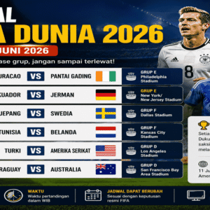 Jadwal Piala Dunia 26 Juni 2026 menghadirkan laga Jerman vs Ekuador, Jepang vs Swedia, dan Belanda vs Tunisia.