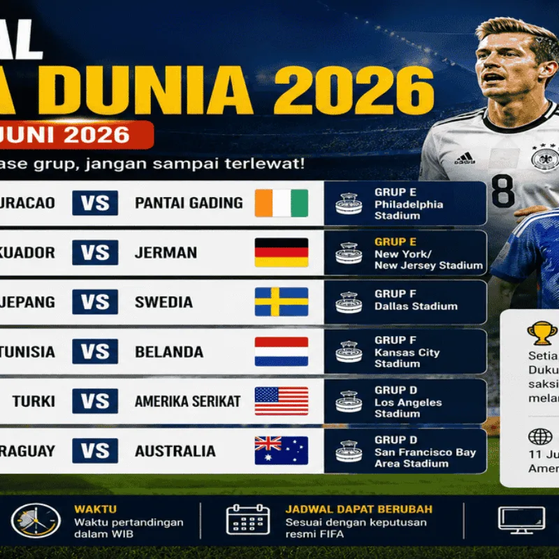 Jadwal Piala Dunia 26 Juni 2026 menghadirkan laga Jerman vs Ekuador, Jepang vs Swedia, dan Belanda vs Tunisia.