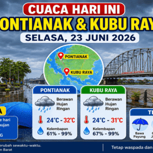 Cuaca Pontianak dan Kubu Raya Hari Ini, Selasa 23 Juni 2026: Berawan hingga Hujan Ringan, Warga Diminta Waspada