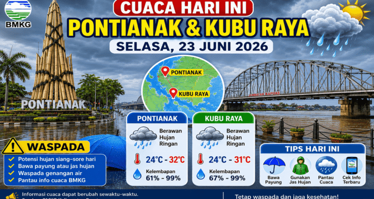 Cuaca Pontianak dan Kubu Raya Hari Ini, Selasa 23 Juni 2026: Berawan hingga Hujan Ringan, Warga Diminta Waspada