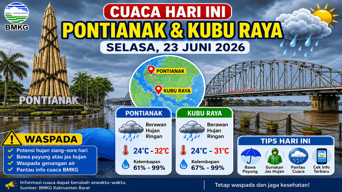 Cuaca Pontianak dan Kubu Raya Hari Ini, Selasa 23 Juni 2026: Berawan hingga Hujan Ringan, Warga Diminta Waspada Cuaca Pontianak dan Kubu Raya Hari Ini, Selasa 23 Juni 2026: Berawan hingga Hujan Ringan, Warga Diminta Waspada