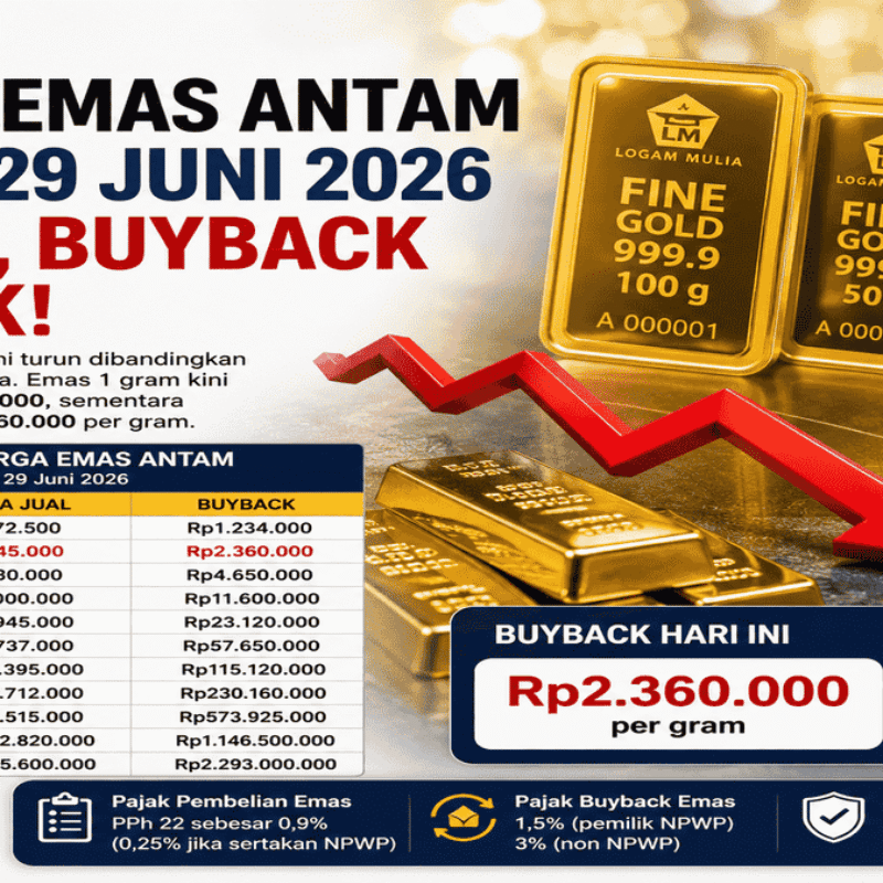 Harga Emas Antam Hari Ini Turun Drastis, Buyback Anjlok ke Rp2.360.000