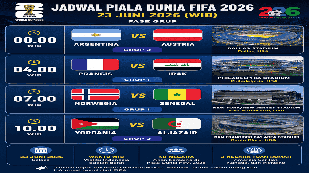 Jadwal Piala Dunia FIFA 2026 tanggal 23 Juni 2026 WIB menampilkan pertandingan Argentina vs Austria, Prancis vs Irak, Norwegia vs Senegal, dan Yordania vs Aljazair. Jadwal Piala Dunia FIFA 2026 – 23 Juni 2026