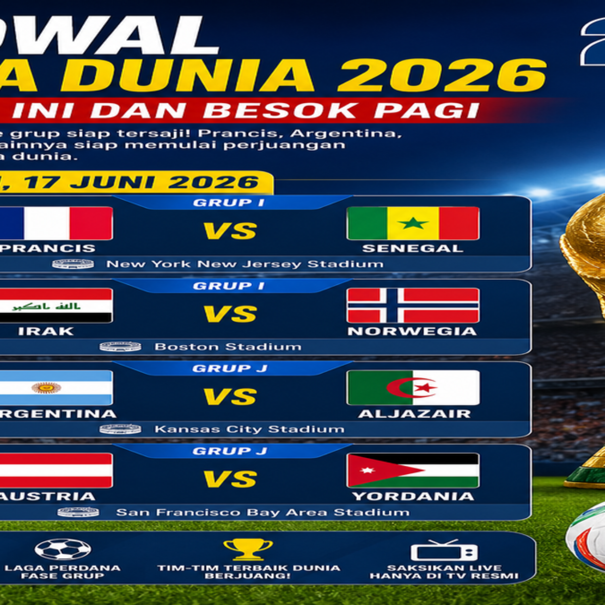 Jadwal Piala Dunia 2026 Hari Ini: Prancis vs Senegal, Argentina Tantang Aljazair
