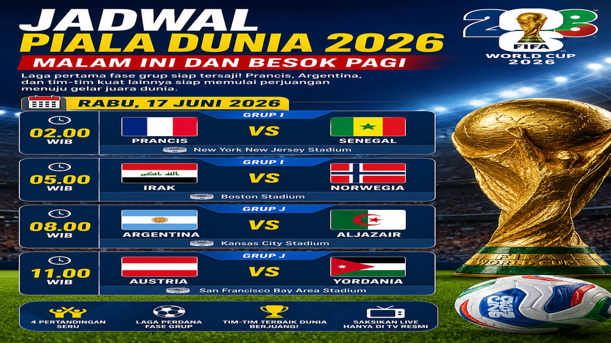 Jadwal Piala Dunia 2026 Hari Ini: Prancis vs Senegal, Argentina Tantang Aljazair Jadwal Piala Dunia 2026 Hari Ini: Prancis vs Senegal, Argentina Tantang Aljazair