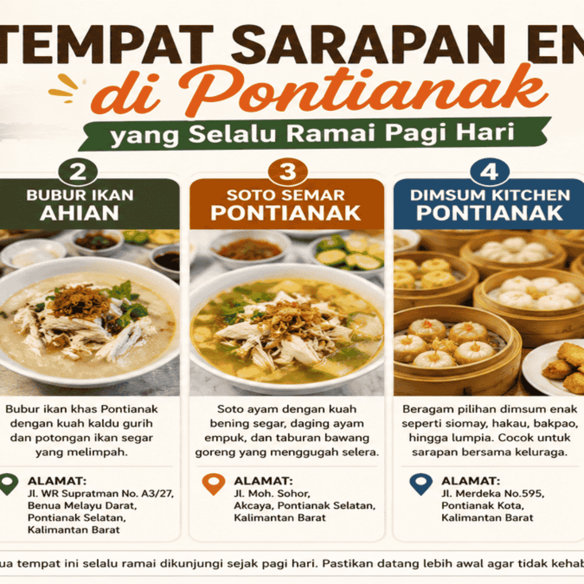 5 tempat sarapan enak di Pontianak lengkap dengan alamat, mulai dari Warung Kopi Asiang, Bubur Ikan Ahian, Soto Semar, Dimsum Kitchen hingga Bubur Pedas Pa' Ngah.