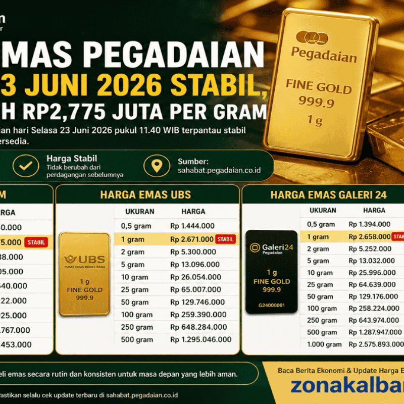 Harga Emas Pegadaian Hari Ini 23 Juni 2026 Stabil, Antam Masih Rp2,775 Juta per Gram