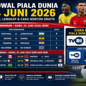 Jadwa Bolal Piala Dunia 24 Juni 2026 lengkap dengan laga Inggris vs Ghana, Portugal vs Uzbekistan, dan Brasil vs Skotlandia. Simak cara nonton