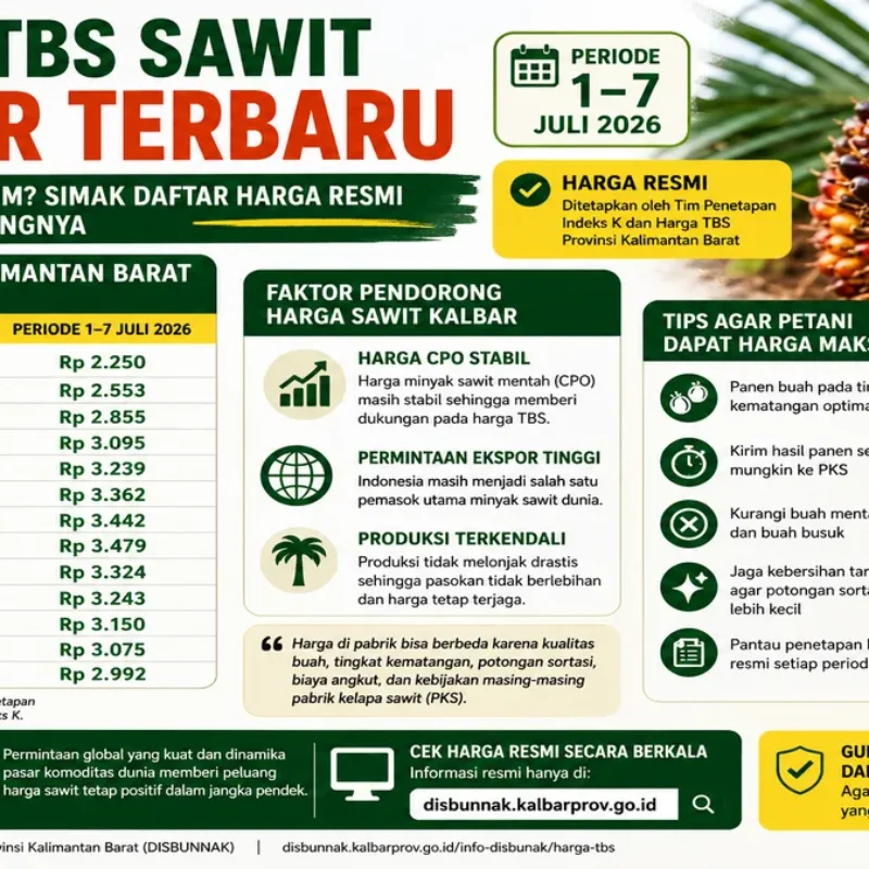 harga TBS sawit kalbar terbaru periode Juli 2026 yang menampilkan daftar harga resmi, faktor pendorong kenaikan harga, dan informasi bagi petani sawit