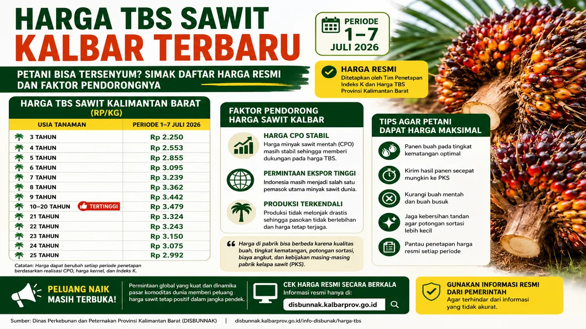 Harga-TBS-Sawit-Kalbar-Terbaru-Petani-Bisa-Tersenyum-Simak-Harga-Resmi harga TBS sawit kalbar terbaru periode Juli 2026 yang menampilkan daftar harga resmi, faktor pendorong kenaikan harga, dan informasi bagi petani sawit