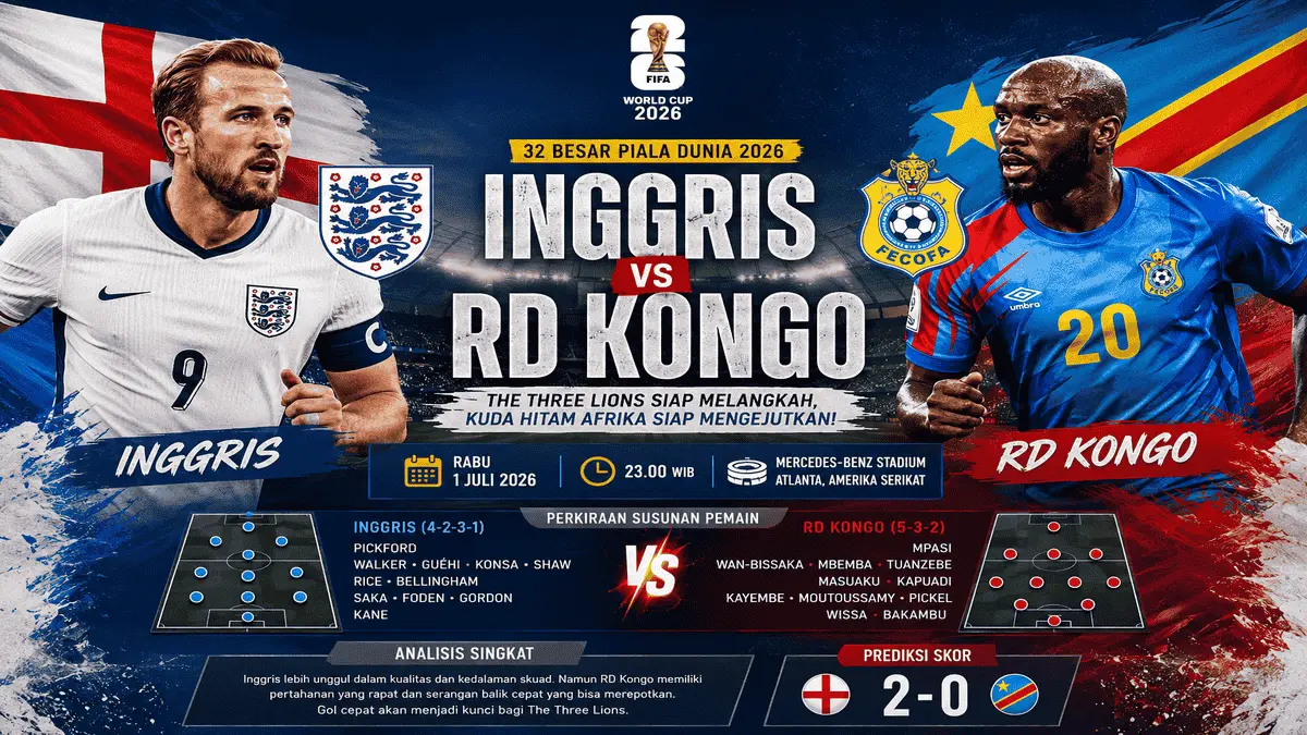 Nonton Inggris vs RD Kongo Piala Dunia 2026
