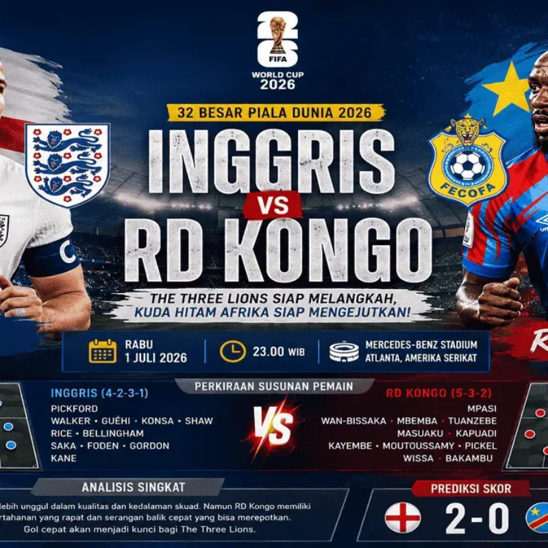 Prediksi Inggris vs RD Kongo di 32 Besar Piala Dunia 2026: Ujian Mental The Three Lions Hadapi Kuda Hitam Afrika