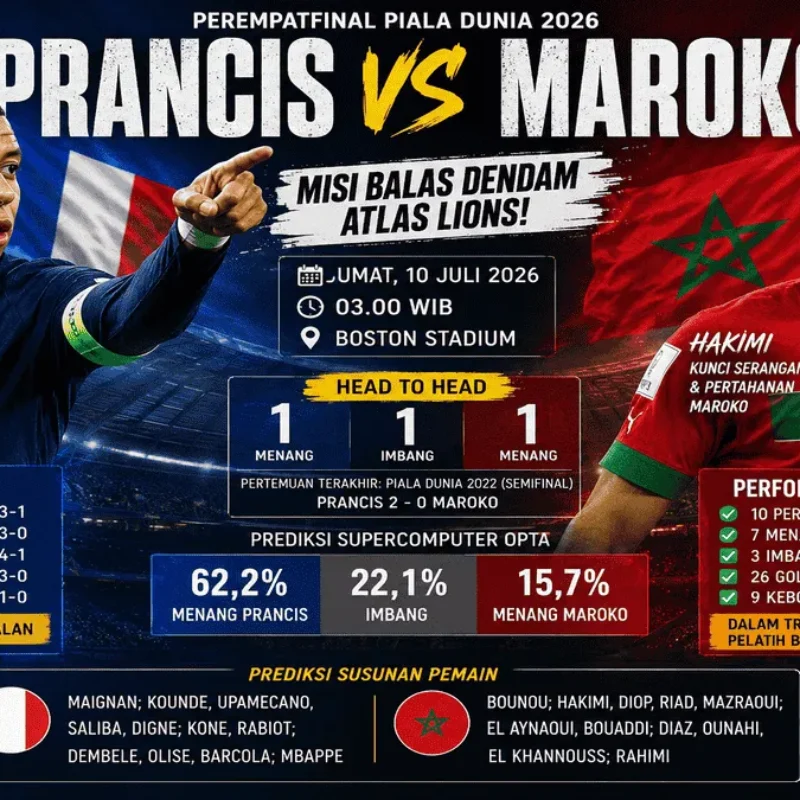 Nonton Prancis vs Maroko live Piala Dunia 2026. Simak jadwal kick-off 03.00 WIB
