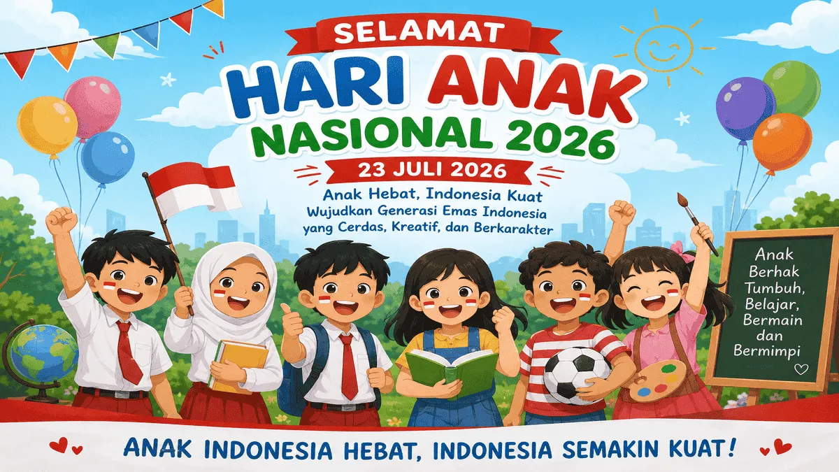 30 ucapan Hari Anak Nasional 2026 yang penuh makna, inspiratif, dan menyentuh hati. Cocok dibagikan pada peringatan Hari Anak Nasional 23 Juli melalui WhatsApp, Instagram, Facebook, hingga X.