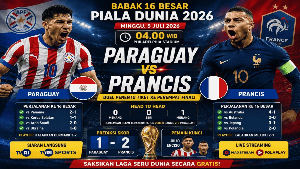 Nonton Paraguay vs Prancis Babak 16 Besar Piala Dunia 2026, Link live dan Prediksi Skor