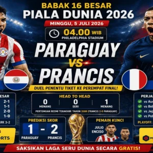 Prediksi Paraguay vs Prancis pada babak 16 besar Piala Dunia 2026 lengkap dengan jadwal kick-off 04.00 WIB, prediksi skor, head to head, dan siaran langsung TVRI Sports.