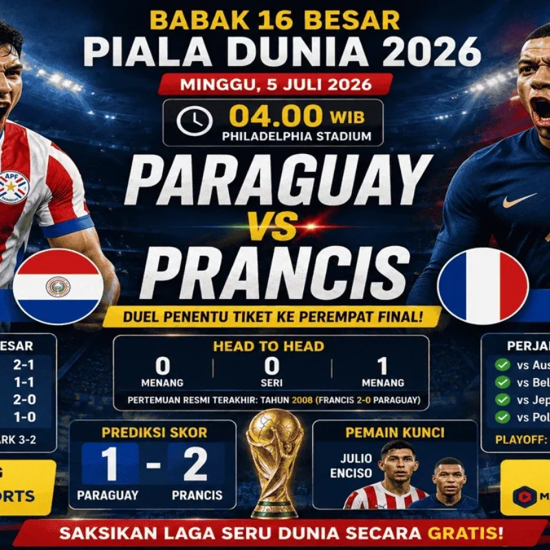 Prediksi Paraguay vs Prancis pada babak 16 besar Piala Dunia 2026 lengkap dengan jadwal kick-off 04.00 WIB, prediksi skor, head to head, dan siaran langsung TVRI Sports.
