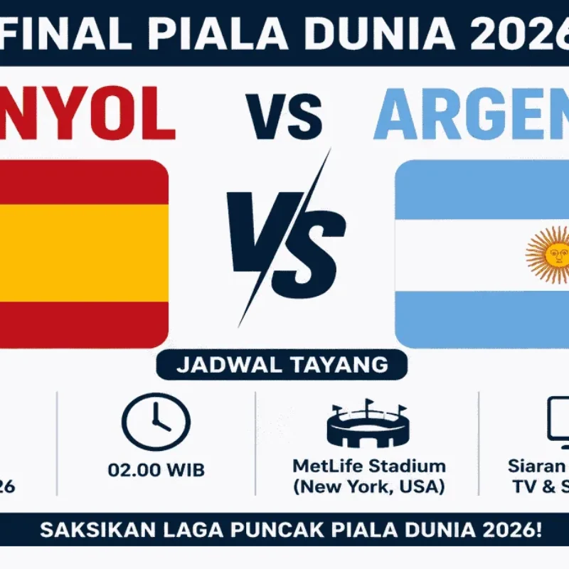 Spanyol vs Argentina di final Piala Dunia 2026. Simak jadwal pertandingan, prediksi skor, head to head, analisis taktik, susunan pemain, dan peluang juara kedua tim.