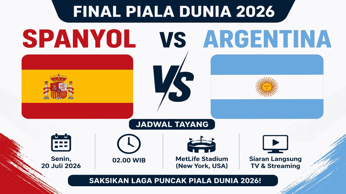 spanyol-vs-argentina-final-piala-dunia-2026 Spanyol vs Argentina di final Piala Dunia 2026. Simak jadwal pertandingan, prediksi skor, head to head, analisis taktik, susunan pemain, dan peluang juara kedua tim.