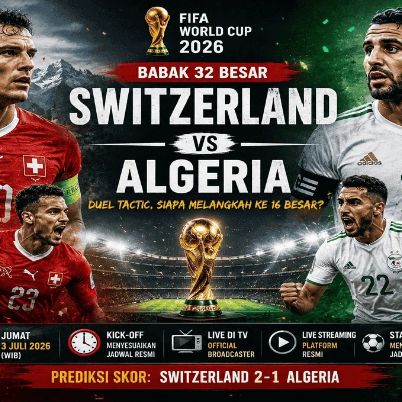 Prediksi Switzerland vs Algeria pada babak 32 besar Piala Dunia FIFA 2026 lengkap dengan jadwal pertandingan, analisis, dan prediksi skor.
