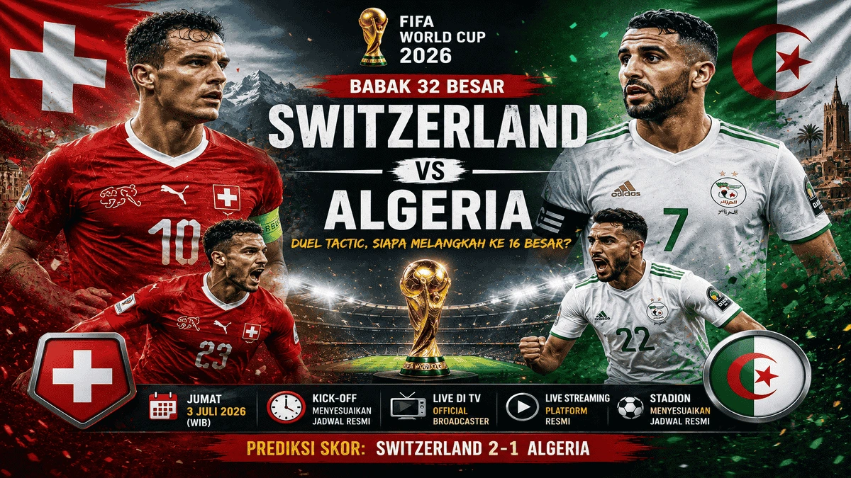 Prediksi Switzerland vs Algeria pada babak 32 besar Piala Dunia FIFA 2026 lengkap dengan jadwal pertandingan, analisis, dan prediksi skor.