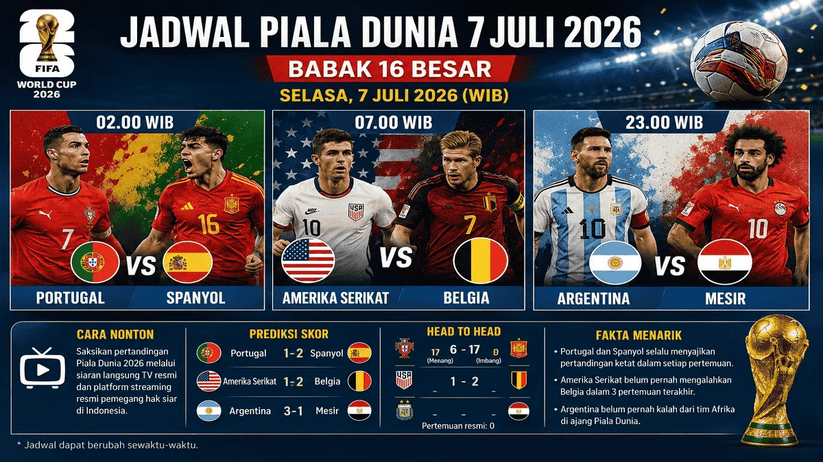 Live Piala Dunia 7 Juli 2026: Jadwal Lengkap, Jam Tayang, Prediksi Skor dan Link Nonton Resmi