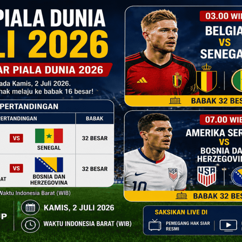 Jadwal Piala Dunia 2 Juli 2026: Belgia vs Senegal dan Amerika Serikat vs Bosnia, Perebutan Tiket 16 Besar