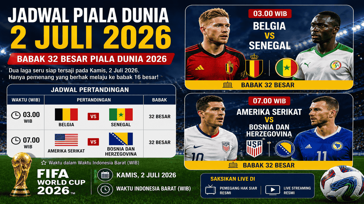 Jadwal Piala Dunia 2 Juli 2026: Belgia vs Senegal dan Amerika Serikat vs Bosnia, Perebutan Tiket 16 Besar